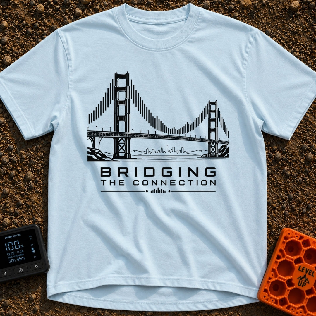 Bridging The Bars - T-Shirt in Chambray - A black and white illustration of a suspension bridge where the vertical cables...
