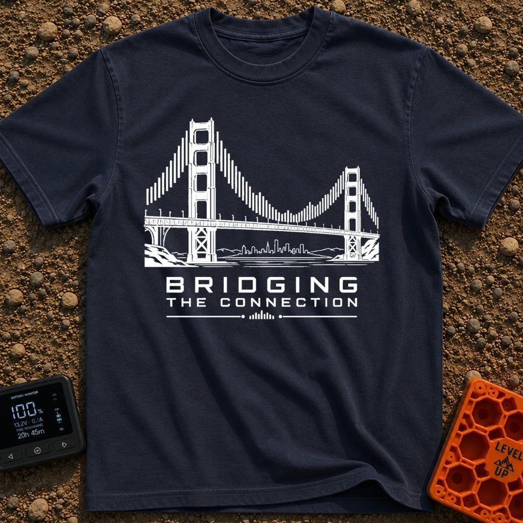 Bridging The Bars - T-Shirt in Navy - A black and white illustration of a suspension bridge where the vertical cables are...