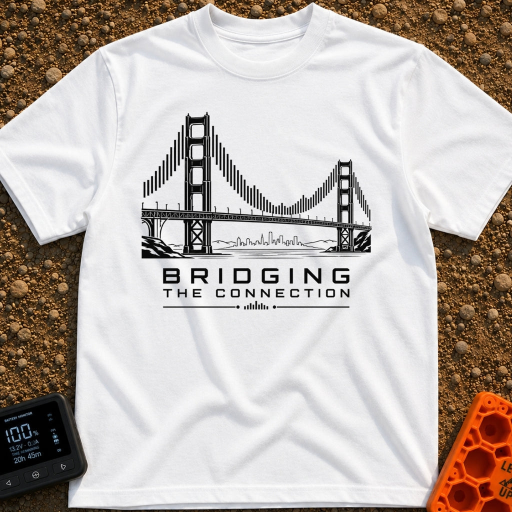 Bridging The Bars - T-Shirt in White - A black and white illustration of a suspension bridge where the vertical cables...