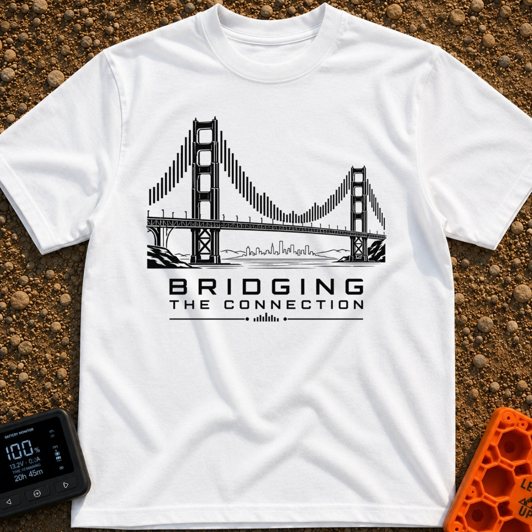 Bridging The Bars - T-Shirt in White - A black and white illustration of a suspension bridge where the vertical cables...