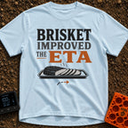 Brisket Improved My ETA - T-Shirt in Chambray - A typographic design reading "BRISKET IMPROVED THE ETA" above an...