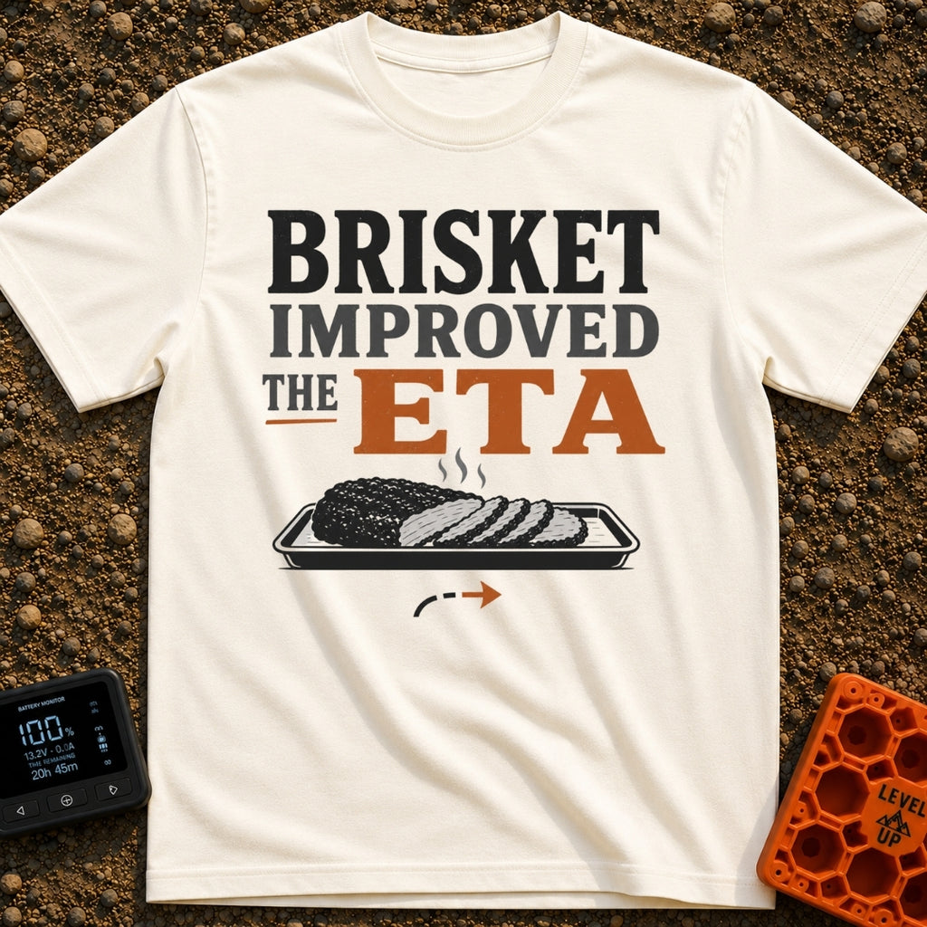 Brisket Improved My ETA - T-Shirt in Ivory - A typographic design reading "BRISKET IMPROVED THE ETA" above an...