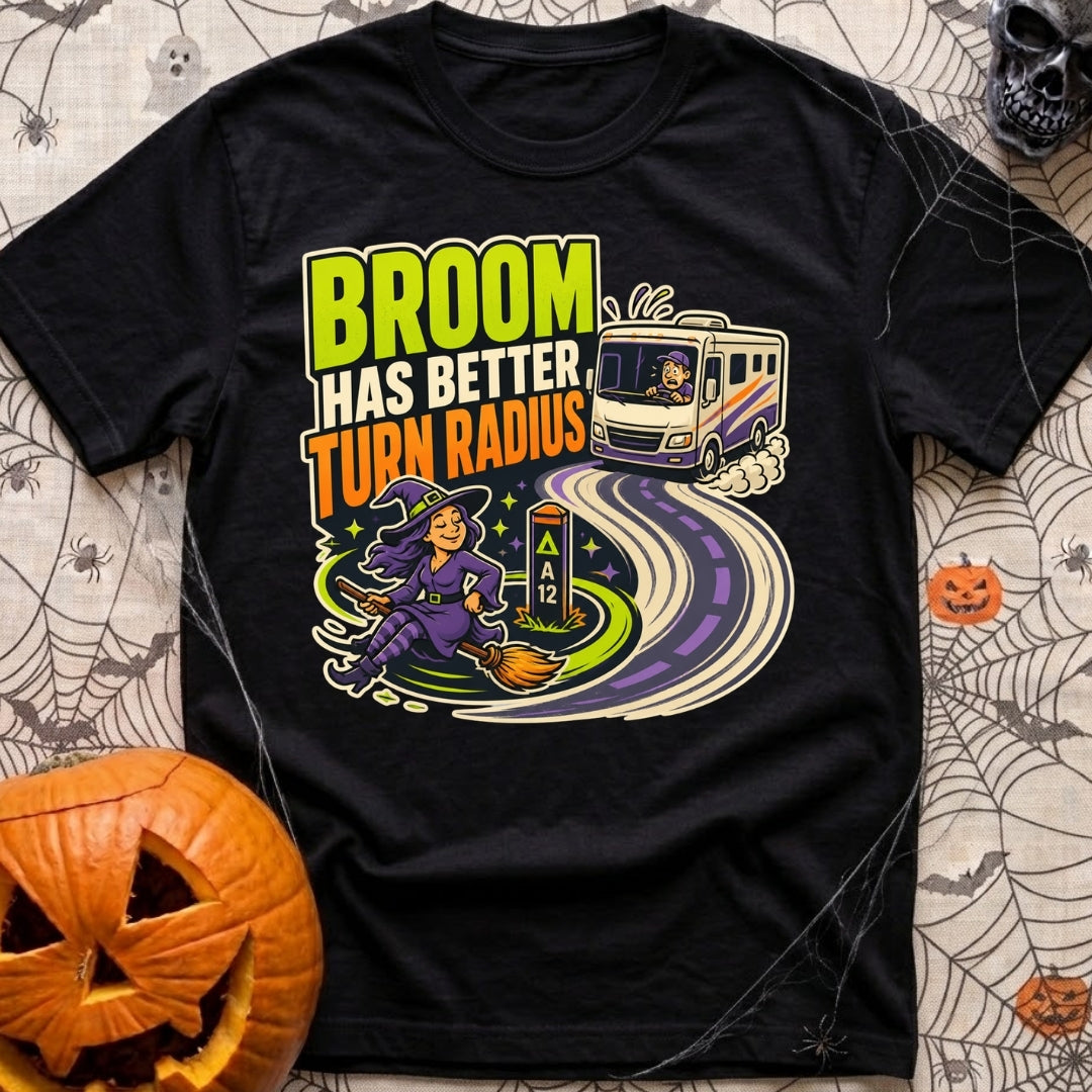 Brooms Turn Better - T-Shirt in Black - A cartoon illustration showing a witch flying effortlessly in a tight circle...
