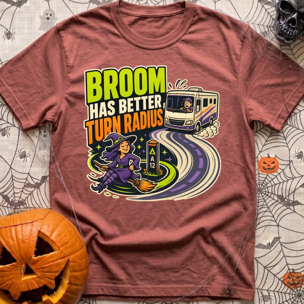 Brooms Turn Better - T-Shirt in Brick - A cartoon illustration showing a witch flying effortlessly in a tight circle...