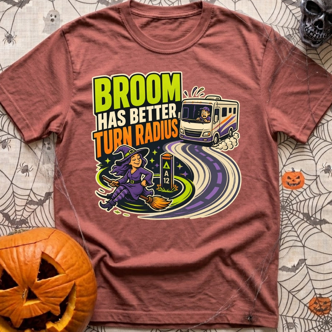 Brooms Turn Better - T-Shirt in Brick - A cartoon illustration showing a witch flying effortlessly in a tight circle...