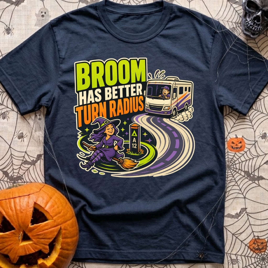 Brooms Turn Better - T-Shirt in Navy - A cartoon illustration showing a witch flying effortlessly in a tight circle...