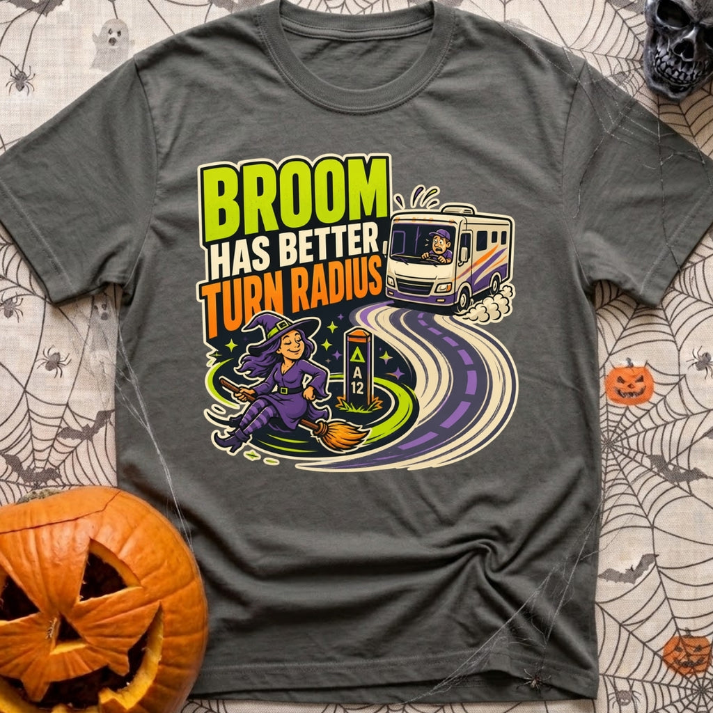 Brooms Turn Better - T-Shirt in Pepper - A cartoon illustration showing a witch flying effortlessly in a tight circle...
