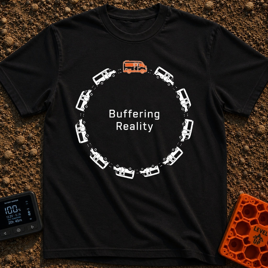 Buffering In The Wild - T-Shirt in Black - Twelve camper vans are arranged in a circular formation resembling a digital...