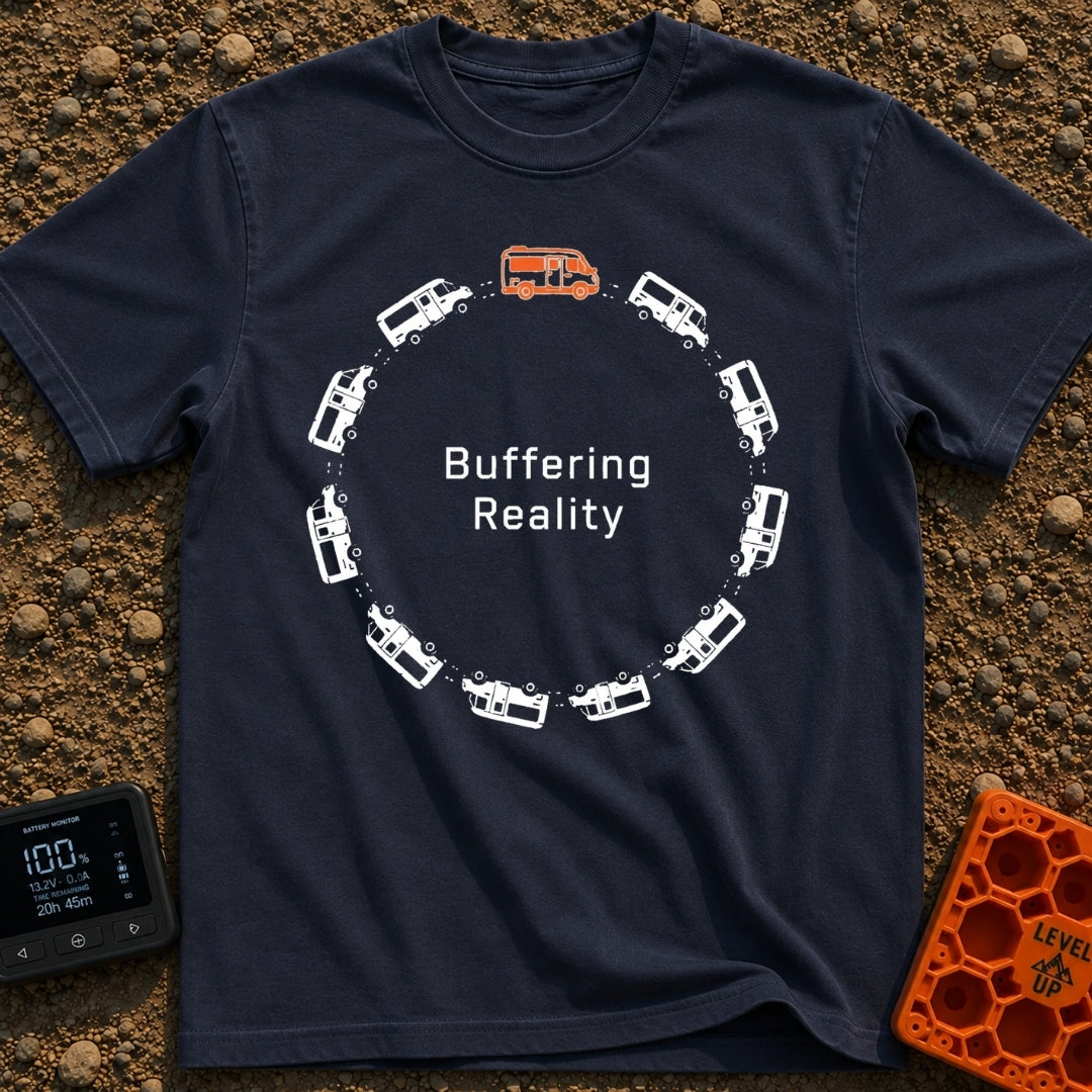 Buffering In The Wild - T-Shirt in Navy - Twelve camper vans are arranged in a circular formation resembling a digital...