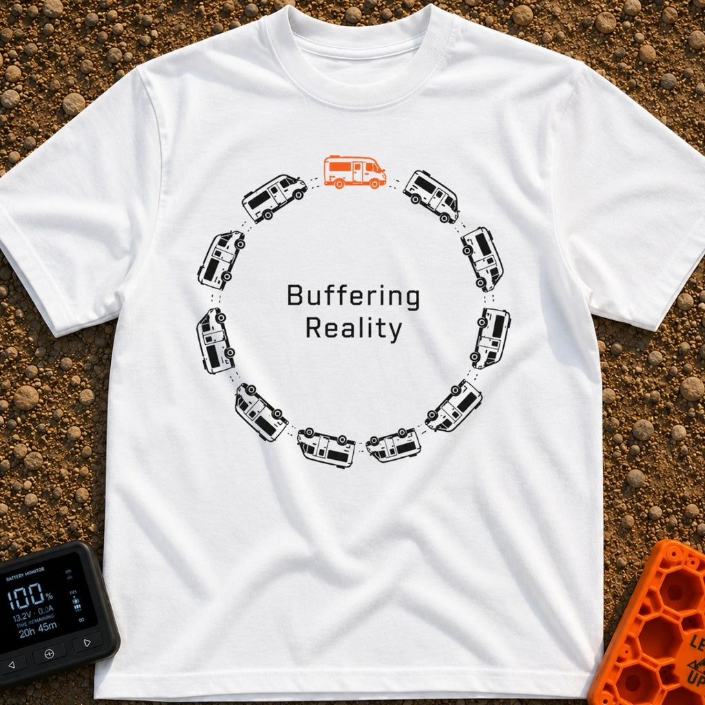 Buffering In The Wild - T-Shirt in White - Twelve camper vans are arranged in a circular formation resembling a digital...