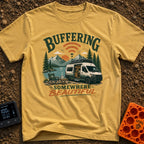 Buffering In The Wild - T-Shirt in Mustard - A camper van with roof-mounted solar panels is parked beside a mountain...