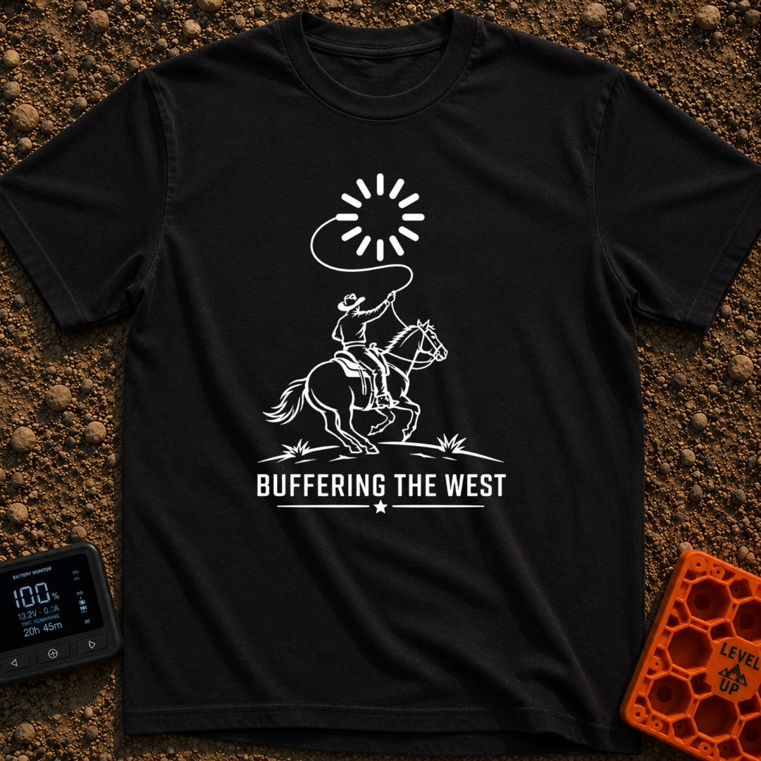 Buffering The West - T-Shirt in Black - A black and white illustration of a cowboy riding a galloping horse, swinging a...