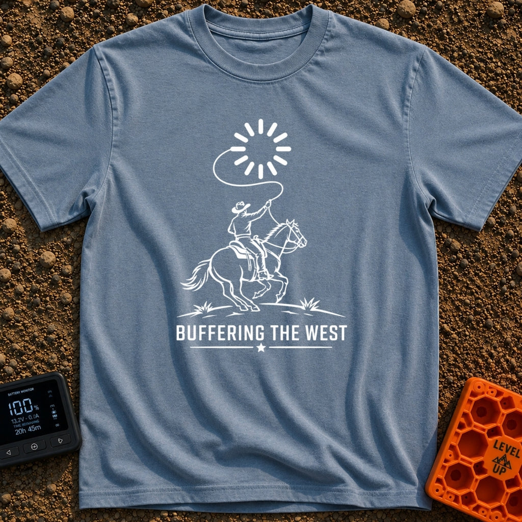 Buffering The West - T-Shirt in Blue Jean - A black and white illustration of a cowboy riding a galloping horse, swinging...
