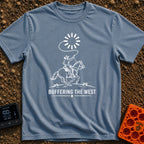 Buffering The West - T-Shirt in Blue Jean - A black and white illustration of a cowboy riding a galloping horse, swinging...