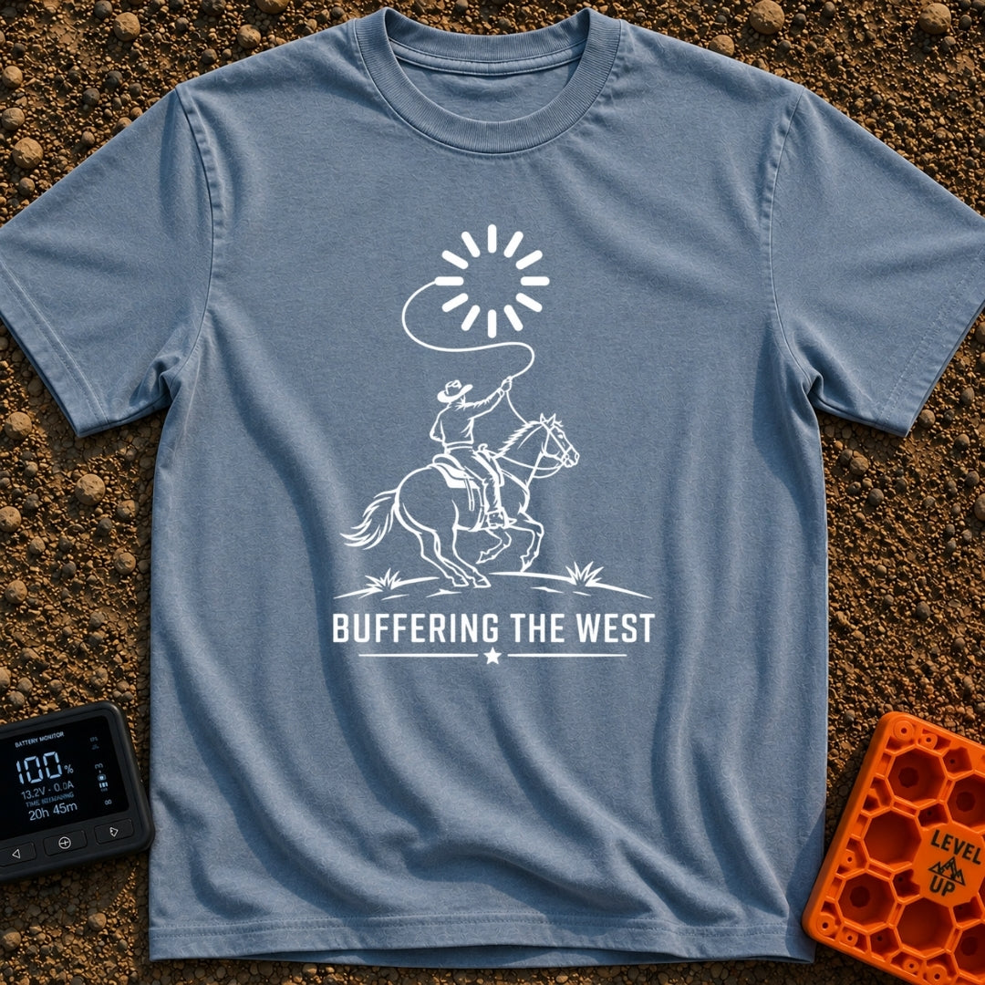 Buffering The West - T-Shirt in Blue Jean - A black and white illustration of a cowboy riding a galloping horse, swinging...
