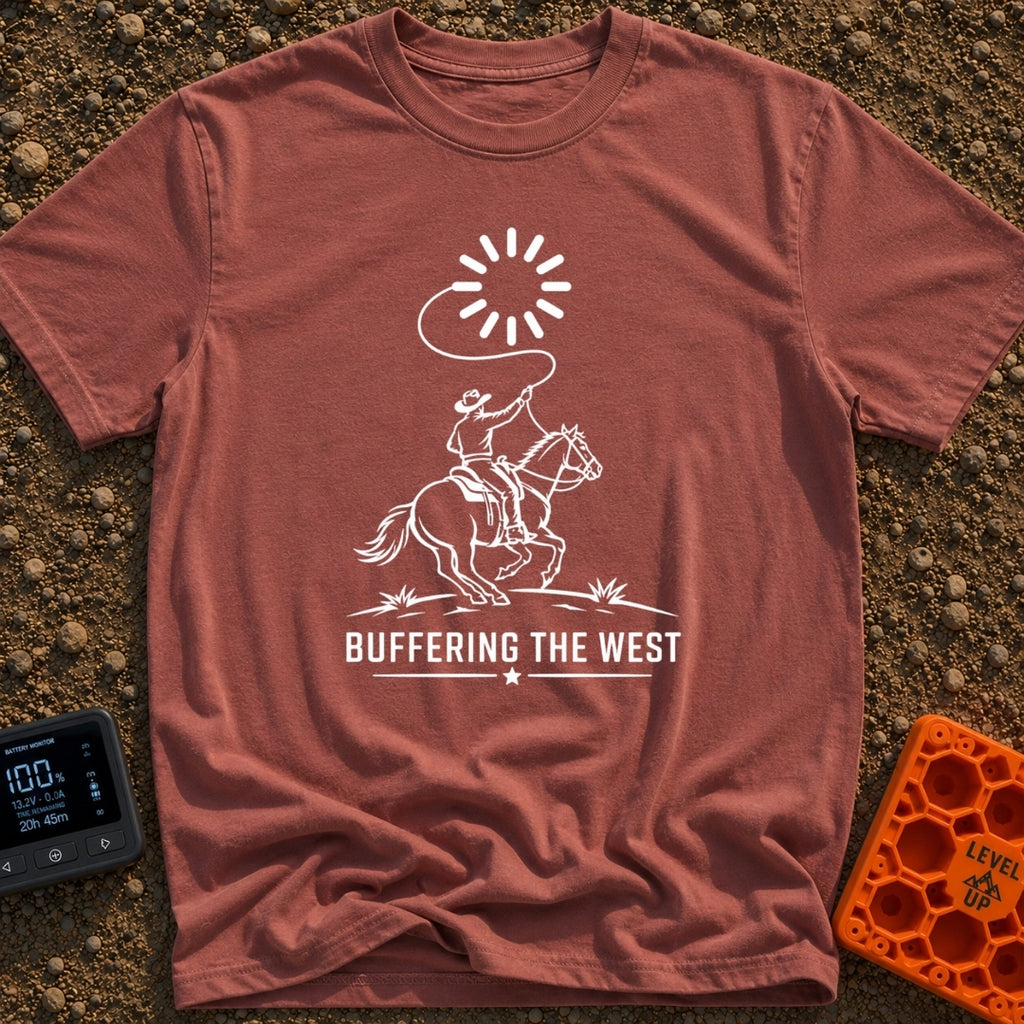 Buffering The West - T-Shirt in Brick - A black and white illustration of a cowboy riding a galloping horse, swinging a...