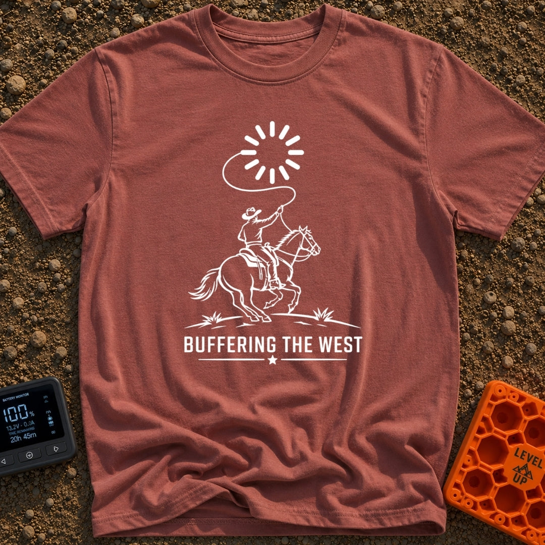 Buffering The West - T-Shirt in Brick - A black and white illustration of a cowboy riding a galloping horse, swinging a...