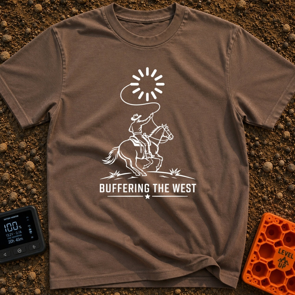 Buffering The West - T-Shirt in Espresso - A black and white illustration of a cowboy riding a galloping horse, swinging...