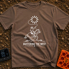 Buffering The West - T-Shirt in Espresso - A black and white illustration of a cowboy riding a galloping horse, swinging...