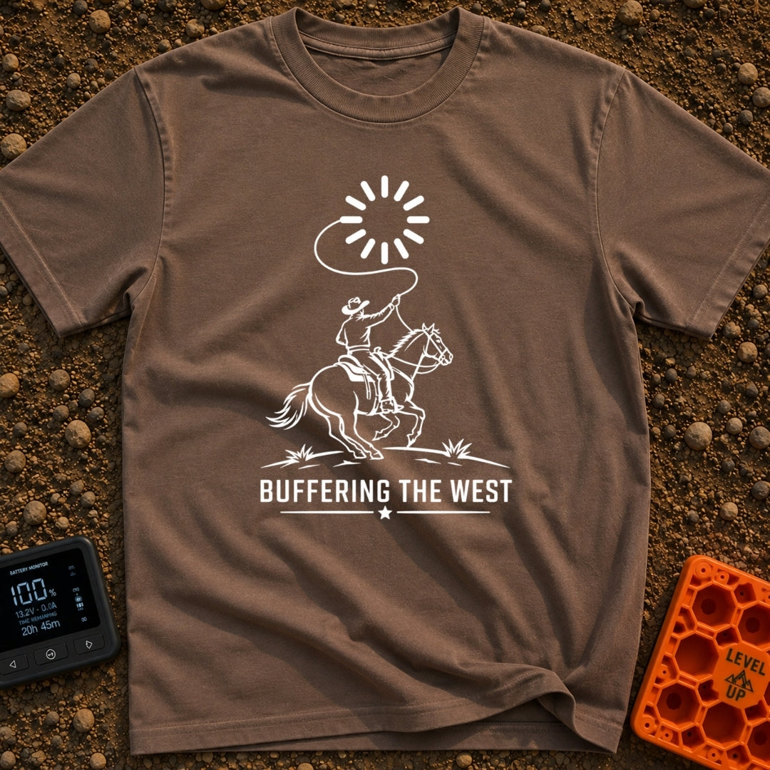 Buffering The West - T-Shirt in Espresso - A black and white illustration of a cowboy riding a galloping horse, swinging...
