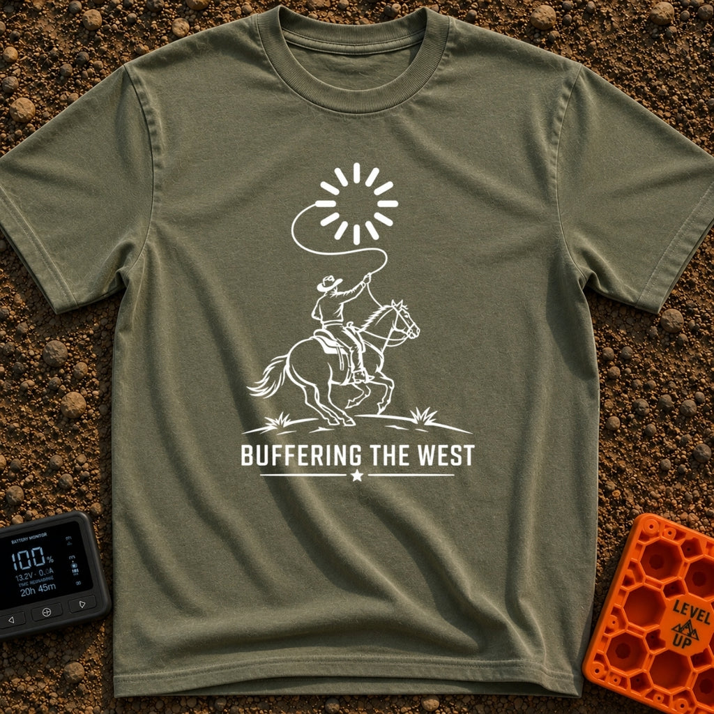 Buffering The West - T-Shirt in Moss - A black and white illustration of a cowboy riding a galloping horse, swinging a...