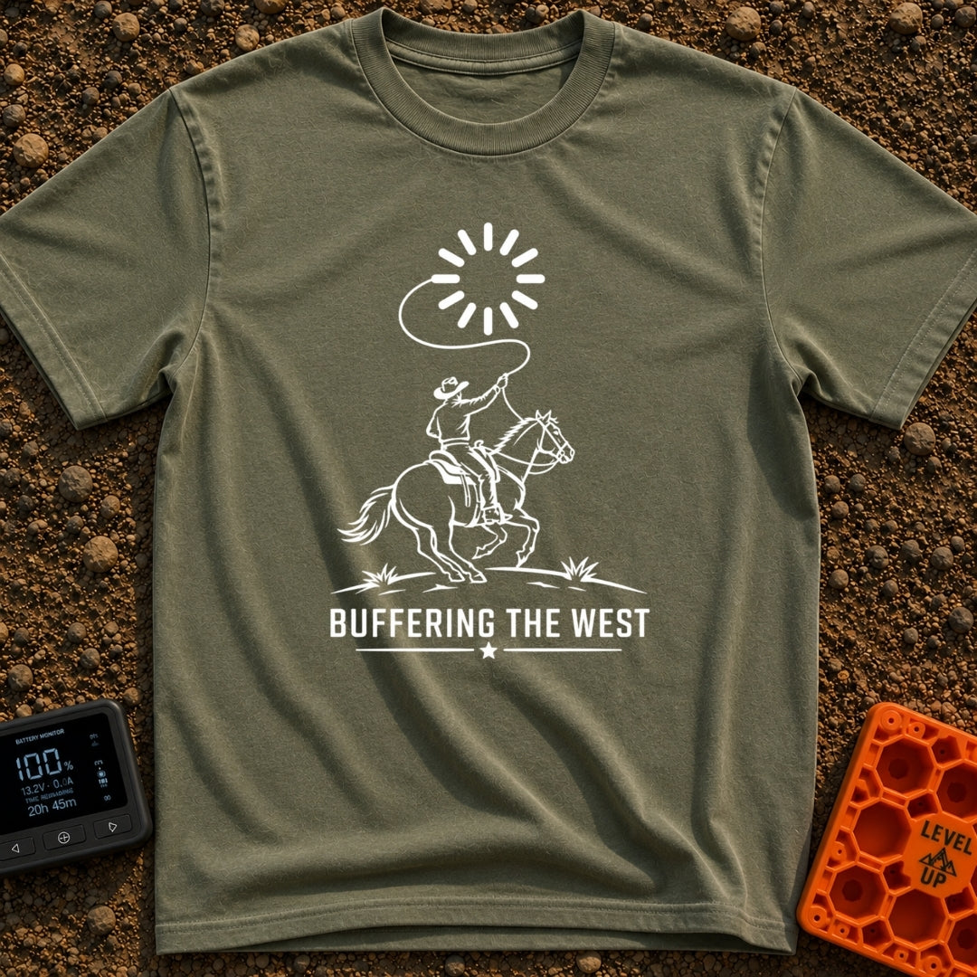 Buffering The West - T-Shirt in Moss - A black and white illustration of a cowboy riding a galloping horse, swinging a...