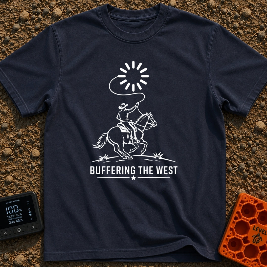 Buffering The West - T-Shirt in Navy - A black and white illustration of a cowboy riding a galloping horse, swinging a...