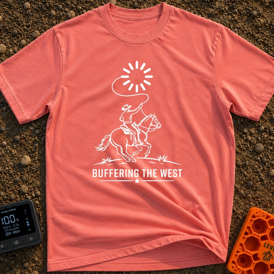 Buffering The West - T-Shirt in Watermelon - A black and white illustration of a cowboy riding a galloping horse,...