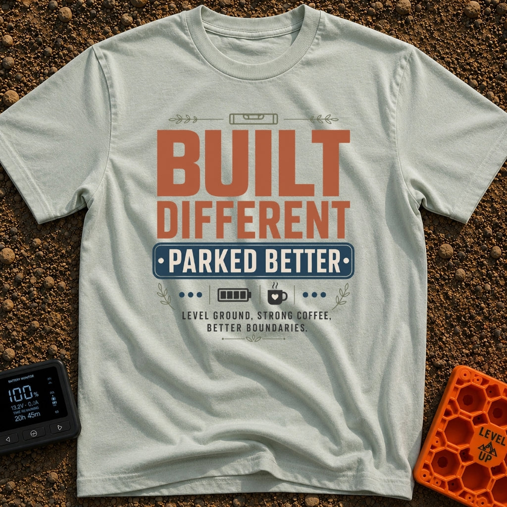 Built Different Parked - T-Shirt in Bay - A typographic design reading 'BUILT DIFFERENT' and 'PARKED BETTER' in large...
