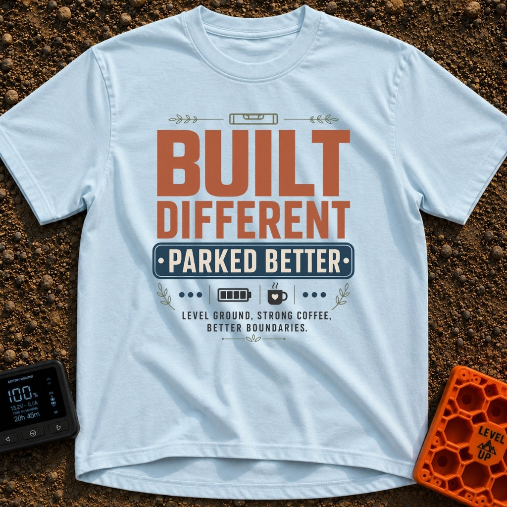 Built Different Parked - T-Shirt in Chambray - A typographic design reading 'BUILT DIFFERENT' and 'PARKED BETTER' in...