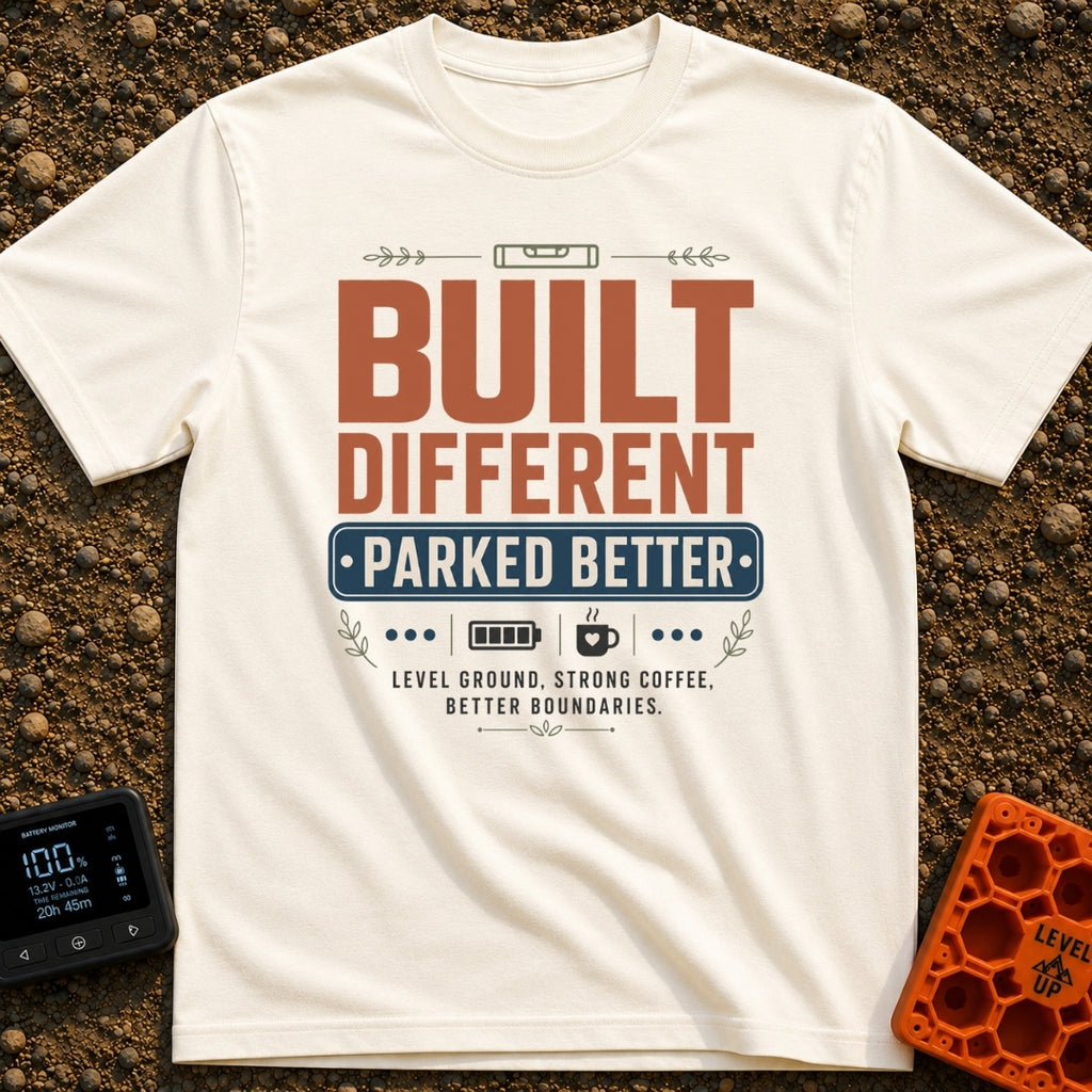 Built Different Parked - T-Shirt in Ivory - A typographic design reading 'BUILT DIFFERENT' and 'PARKED BETTER' in large...
