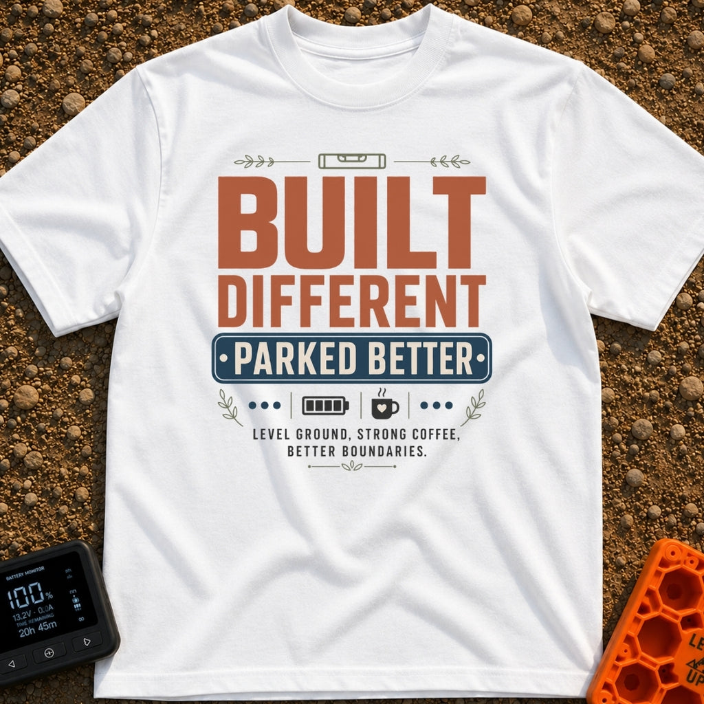 Built Different Parked - T-Shirt in White - A typographic design reading 'BUILT DIFFERENT' and 'PARKED BETTER' in large...