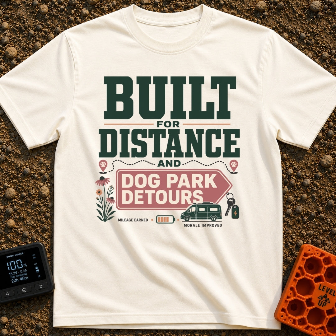 Dog Park Detours - T-Shirt in Ivory - A typographical design reading "Built For Distance And Dog Park Detours", featuring...