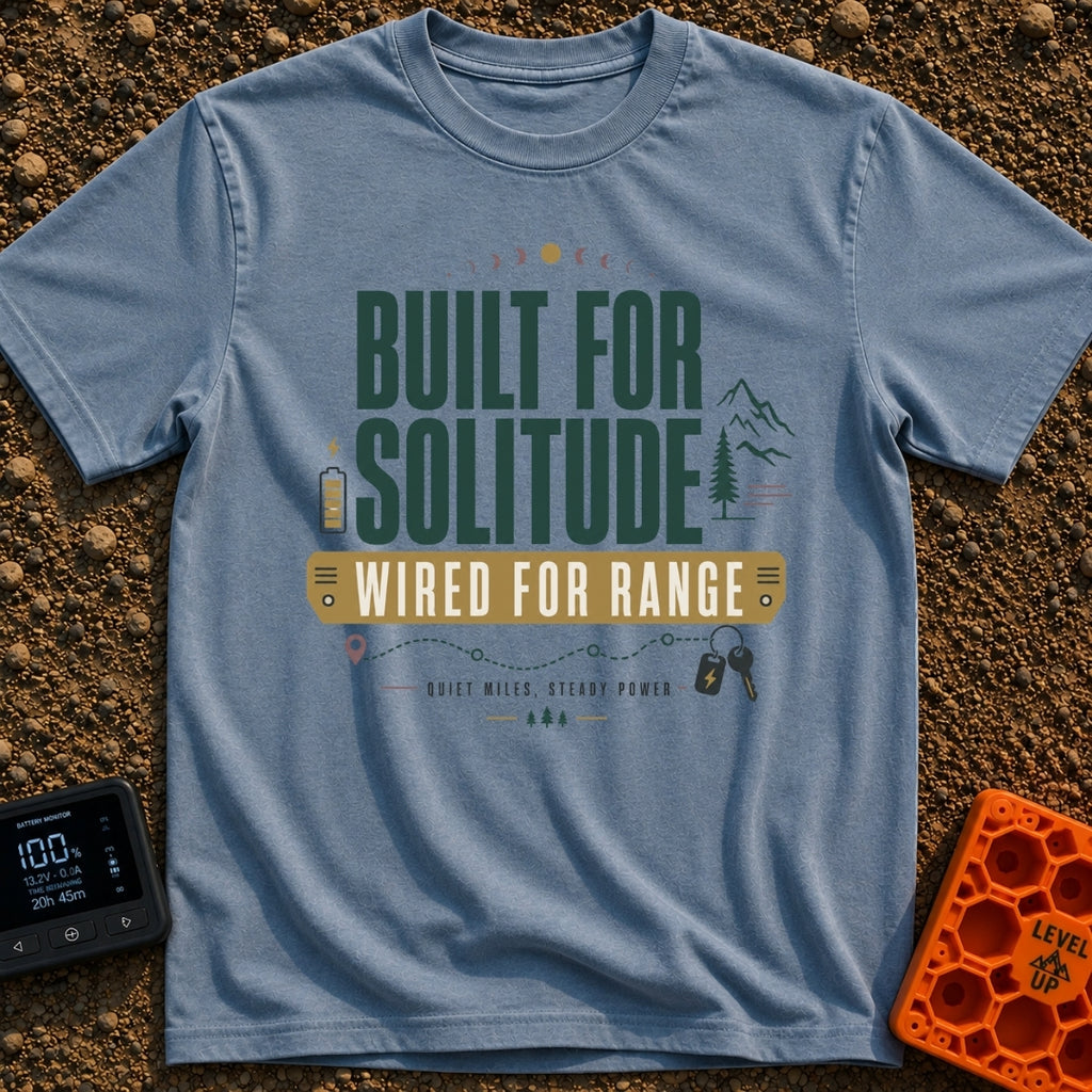 Solitude Wired Adventure - T-Shirt in Blue Jean - The design features large text reading "BUILT FOR SOLITUDE" and "WIRED...
