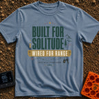 Solitude Wired Adventure - T-Shirt in Blue Jean - The design features large text reading "BUILT FOR SOLITUDE" and "WIRED...