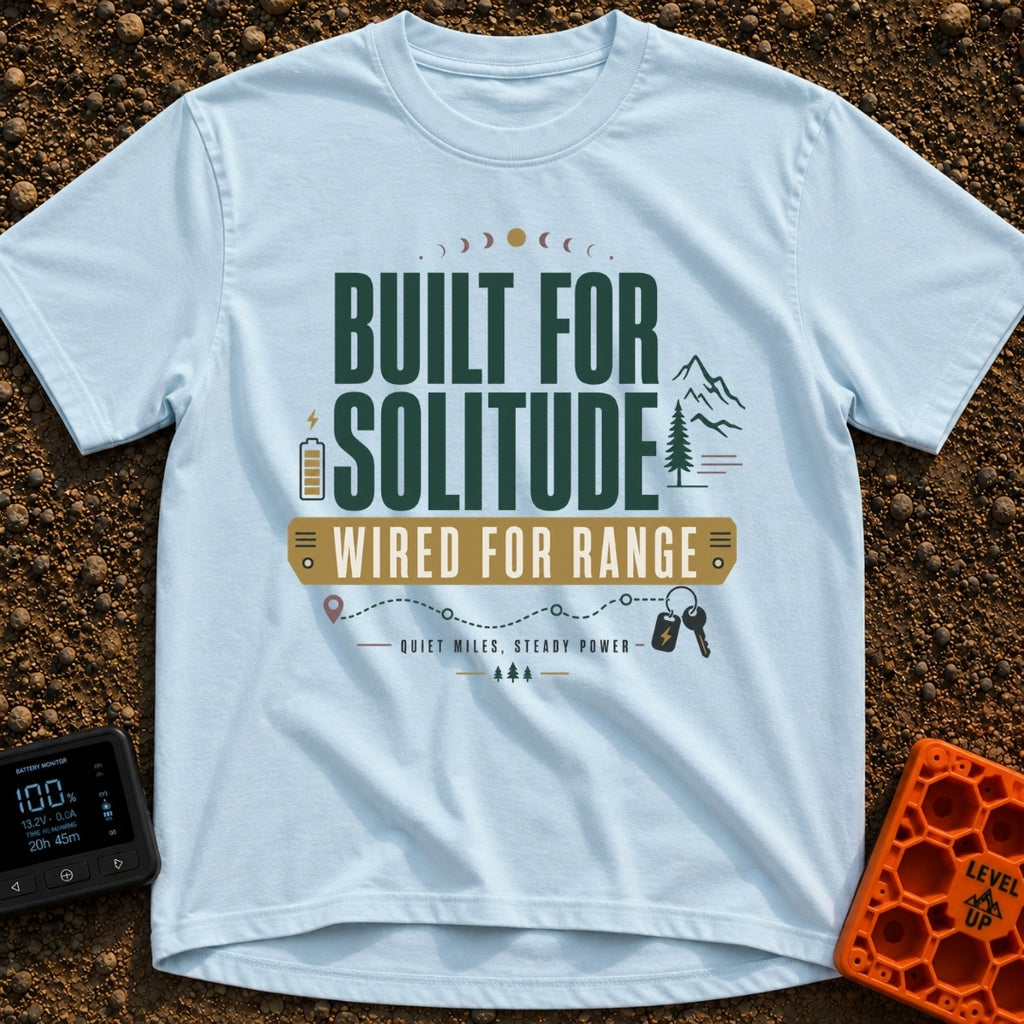 Solitude Wired Adventure - T-Shirt in Chambray - The design features large text reading "BUILT FOR SOLITUDE" and "WIRED...