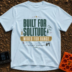 Solitude Wired Adventure - T-Shirt in Chambray - The design features large text reading "BUILT FOR SOLITUDE" and "WIRED...
