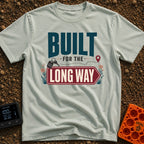 Taking The Long Way - T-Shirt in Bay - Typographic design reading 'BUILT FOR THE LONG WAY' featuring a dotted path...
