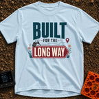 Taking The Long Way - T-Shirt in Chambray - Typographic design reading 'BUILT FOR THE LONG WAY' featuring a dotted path...