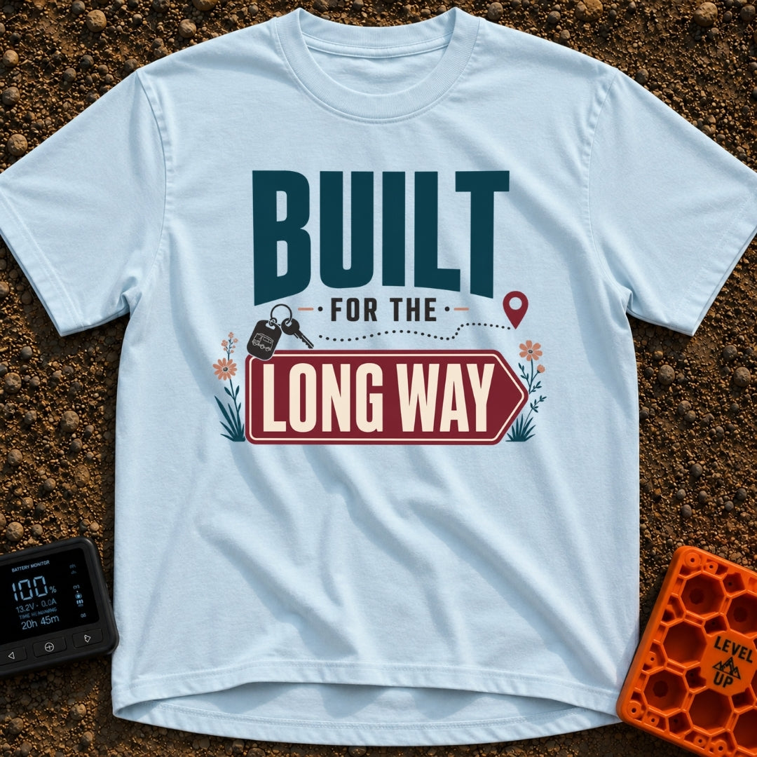 Taking The Long Way - T-Shirt in Chambray - Typographic design reading 'BUILT FOR THE LONG WAY' featuring a dotted path...