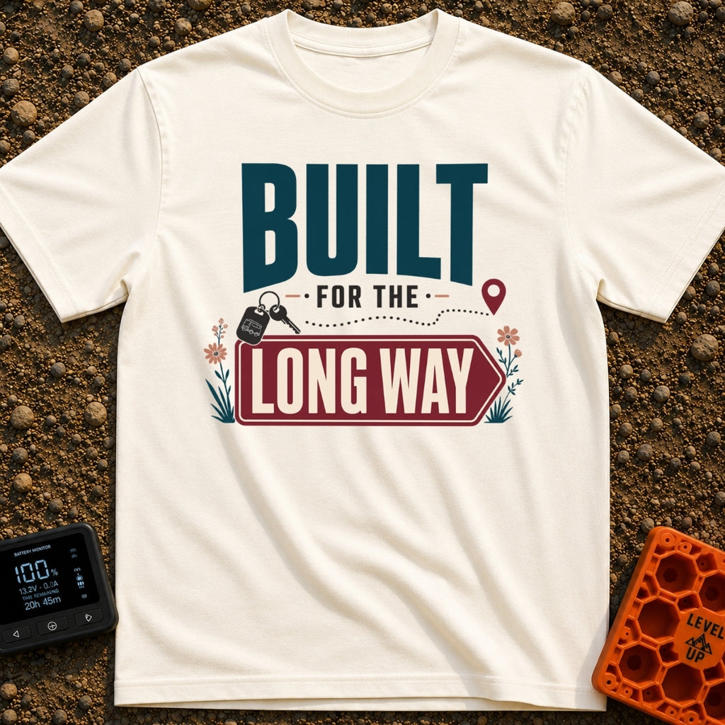 Taking The Long Way - T-Shirt in Ivory - Typographic design reading 'BUILT FOR THE LONG WAY' featuring a dotted path...