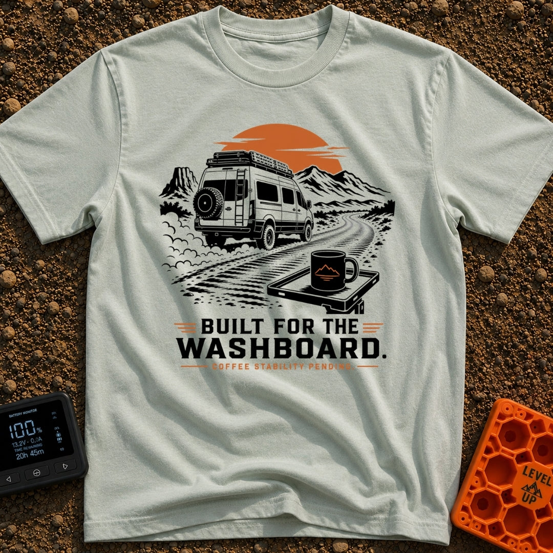 Built For The Washboard - T-Shirt in Bay - A black and white illustration with orange accents featuring a camper van...