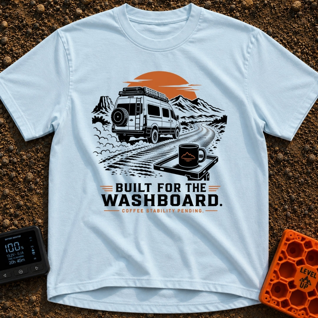 Built For The Washboard - T-Shirt in Chambray - A black and white illustration with orange accents featuring a camper van...