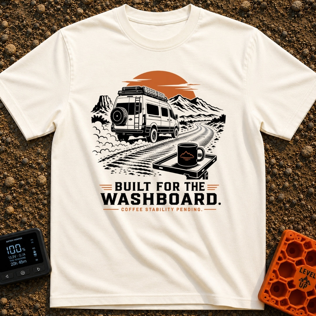 Built For The Washboard - T-Shirt in Ivory - A black and white illustration with orange accents featuring a camper van...