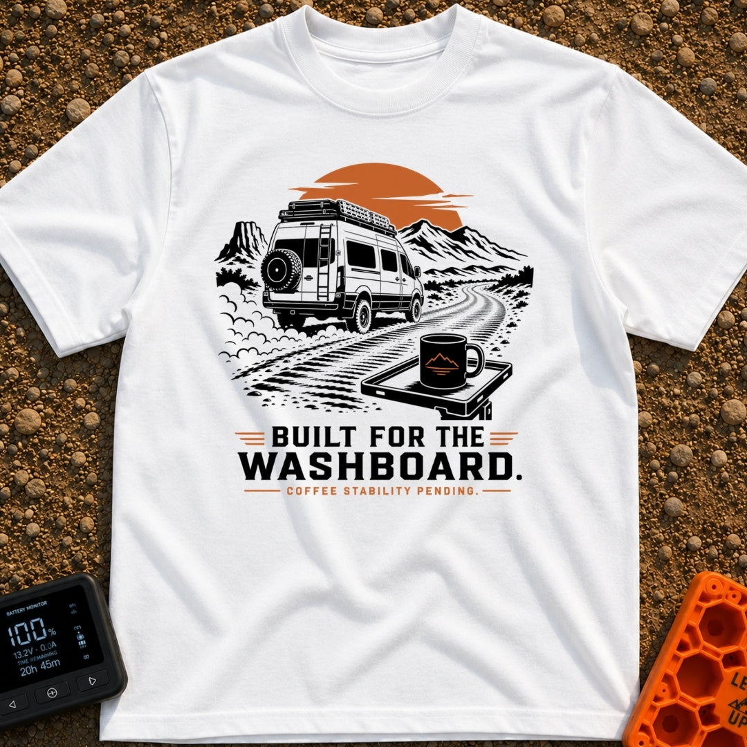Built For The Washboard - T-Shirt in White - A black and white illustration with orange accents featuring a camper van...