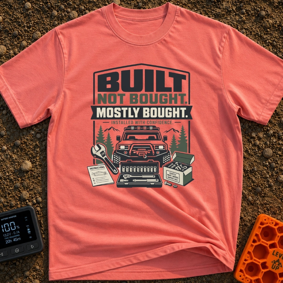 Built But Mostly Bought - T-Shirt in Watermelon - A graphic illustration featuring an off-road 4x4 vehicle with a front...
