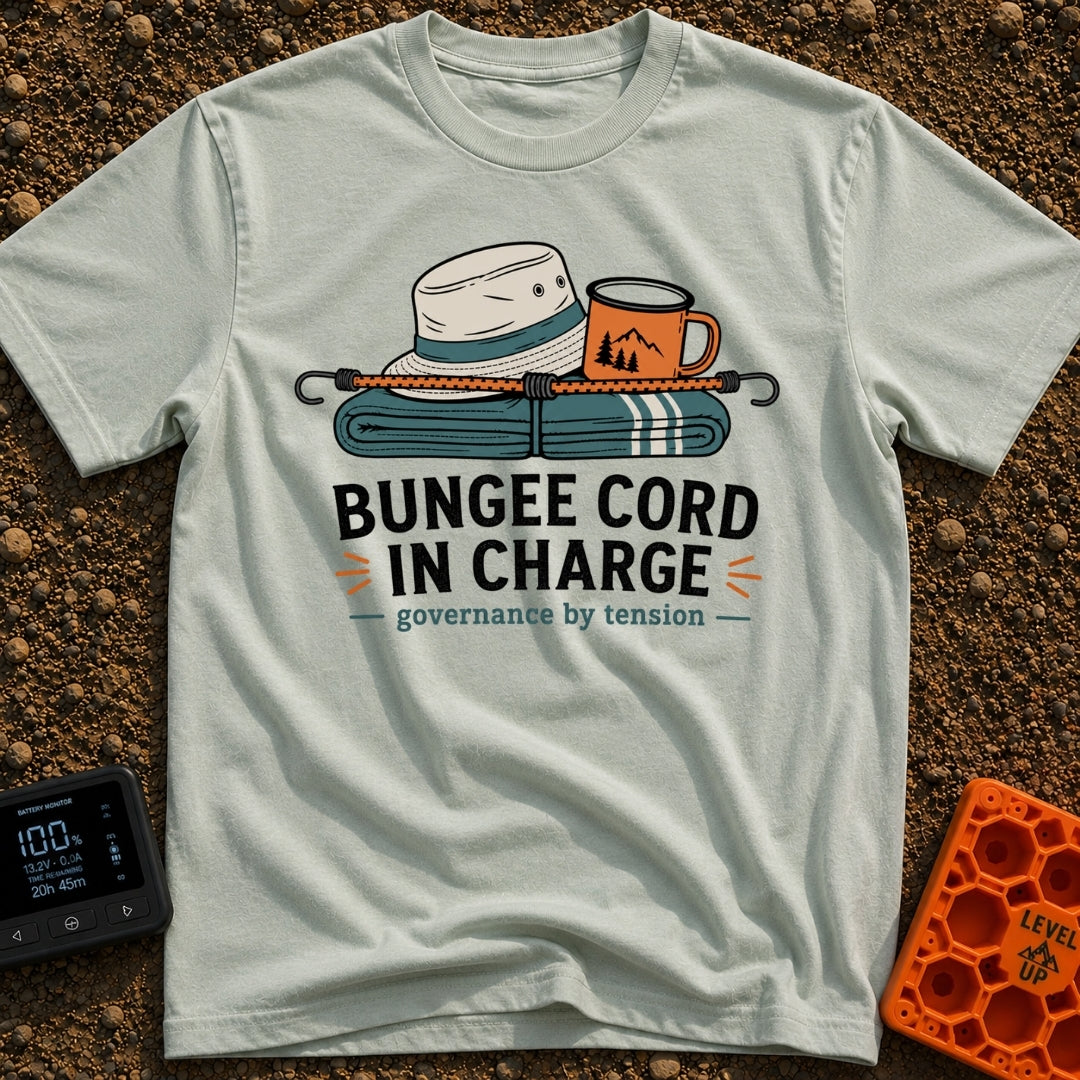 Bungee In Charge - T-Shirt in Bay - A folded teal blanket, a light-colored bucket hat, and an orange camp mug with a...