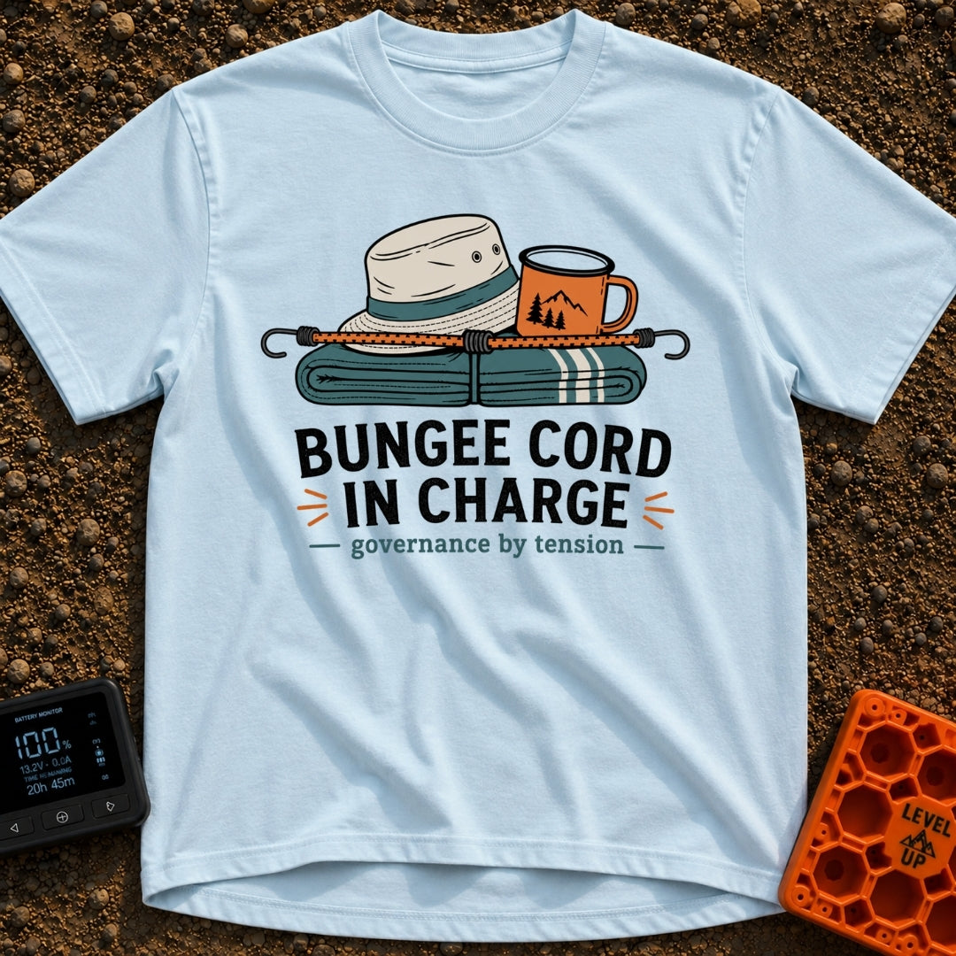 Bungee In Charge - T-Shirt in Chambray - A folded teal blanket, a light-colored bucket hat, and an orange camp mug with a...