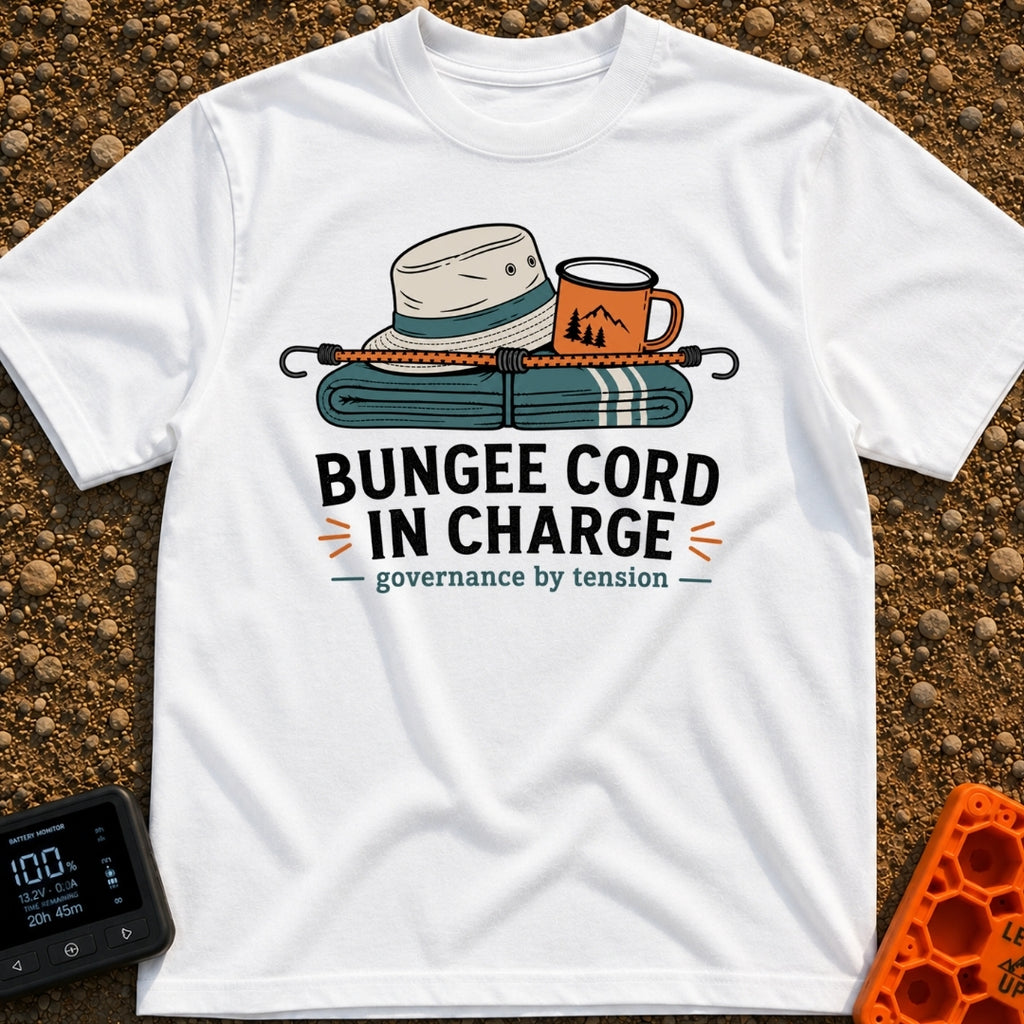 Bungee In Charge - T-Shirt in White - A folded teal blanket, a light-colored bucket hat, and an orange camp mug with a...