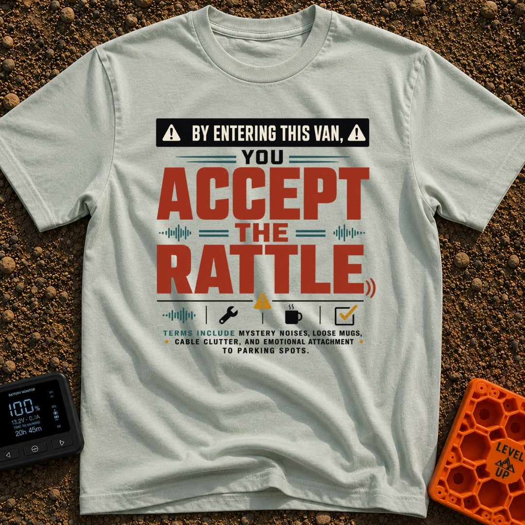 Van Rattle Warning - T-Shirt in Bay - A typographic design styled like a warning sign featuring the large text "By...